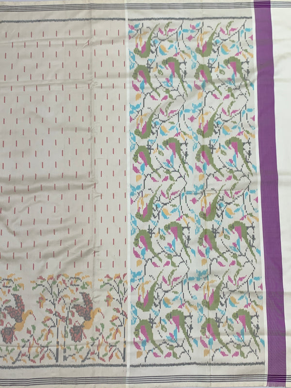 Off-White & Pastel Parrot Motif Patola Silk Saree