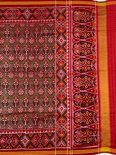 Regal Crimson & Forest Green Patola Saree – Traditional Phulwari Ikat