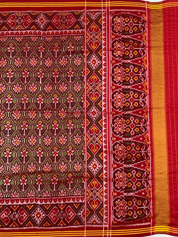 Regal Crimson & Forest Green Patola Saree – Traditional Phulwari Ikat