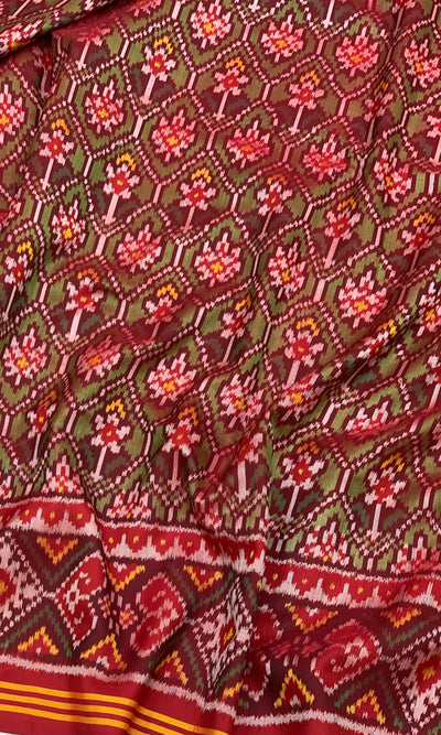 Regal Crimson & Forest Green Patola Saree – Traditional Phulwari Ikat