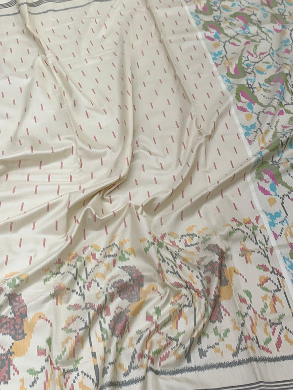 Off-White & Pastel Parrot Motif Patola Silk Saree