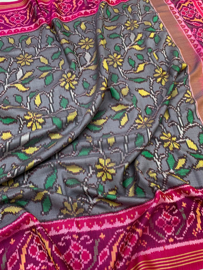 Exquisite Grey & Pink FloralPatola Saree
