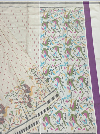 Off-White & Pastel Parrot Motif Patola Silk Saree