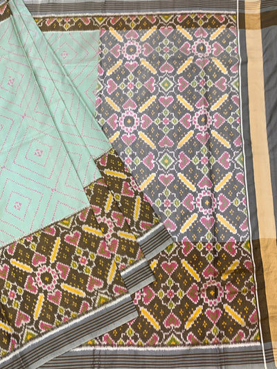 Seafoam Green & Slate Grey Heart Motif Patola Silk Saree