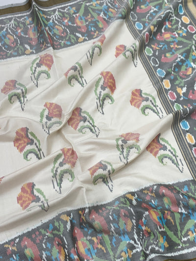 Elegant Off-White & Slate Grey Patola Silk Saree
