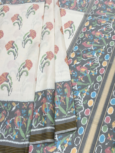 Elegant Off-White & Slate Grey Patola Silk Saree