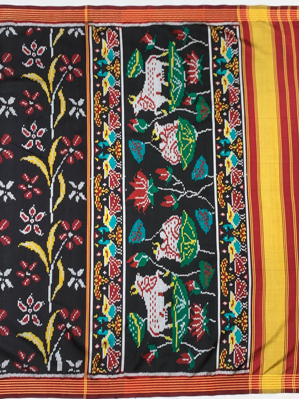 Heritage Black Patola Silk Saree with Sacred Kamdhenu & Lotus Motifs