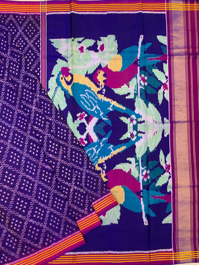 Deep Royal Purple Handloom Patola Silk Saree with Macaw Pallu