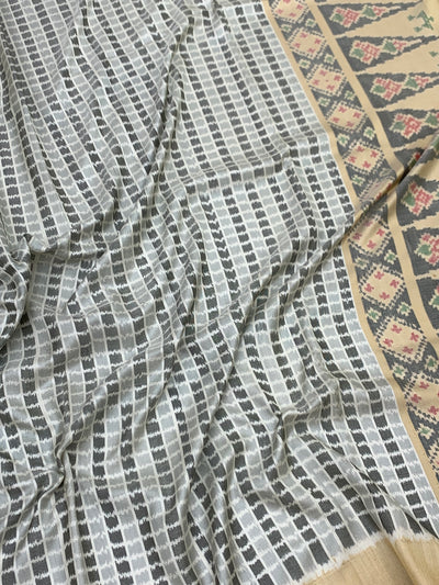 Grey Grid & Sand Beige Patola Silk Saree