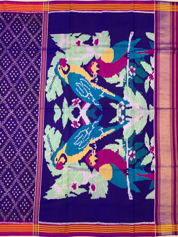 Deep Royal Purple Handloom Patola Silk Saree with Macaw Pallu