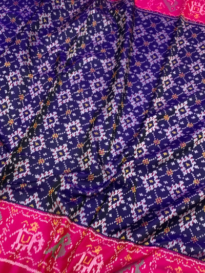 Imperial Navy Blue &amp; Rani Pink Handloom Patola Silk Saree