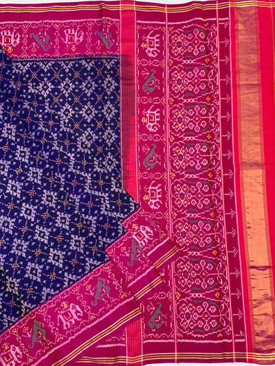 Imperial Navy Blue &amp; Rani Pink Handloom Patola Silk Saree