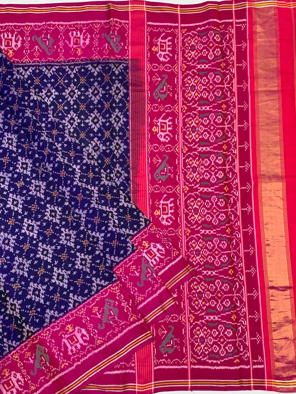 Imperial Navy Blue &amp; Rani Pink Handloom Patola Silk Saree