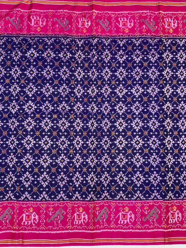 Imperial Navy Blue &amp; Rani Pink Handloom Patola Silk Saree