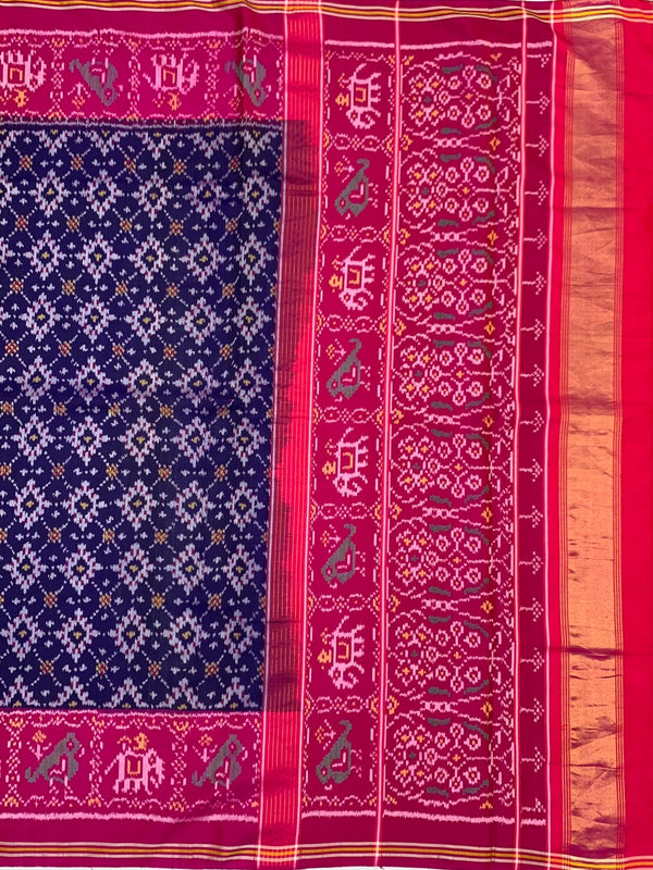 Imperial Navy Blue &amp; Rani Pink Handloom Patola Silk Saree