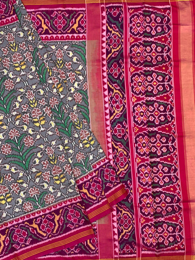 Steel Grey & Rani Pink Floral Patola Saree