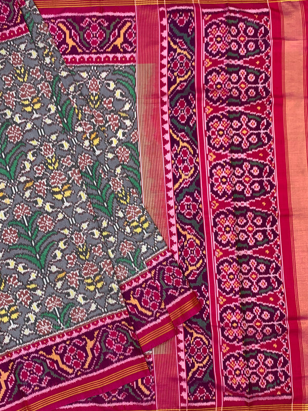 Steel Grey & Rani Pink Floral Patola Saree