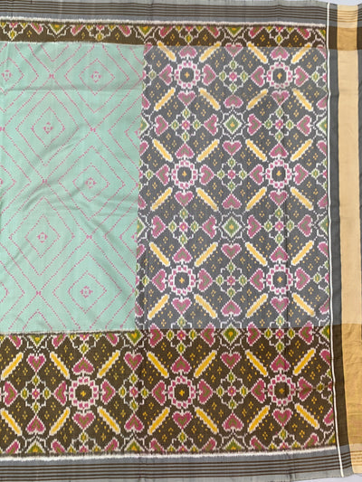 Seafoam Green & Slate Grey Heart Motif Patola Silk Saree