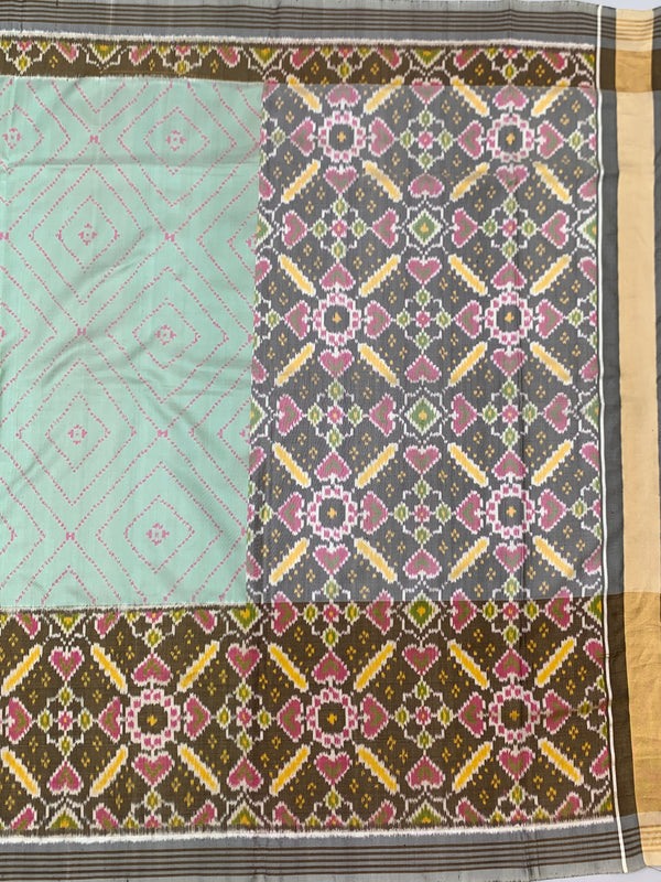 Seafoam Green & Slate Grey Heart Motif Patola Silk Saree