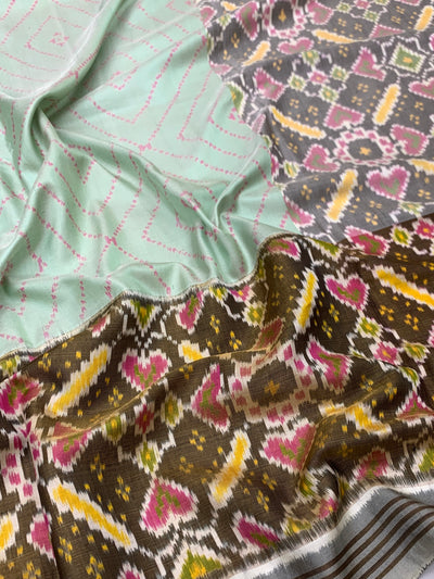 Seafoam Green & Slate Grey Heart Motif Patola Silk Saree