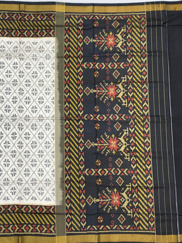 Rajkot Patola Silk Saree in Ivory and Charcoal Black