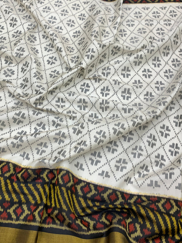 Rajkot Patola Silk Saree in Ivory and Charcoal Black