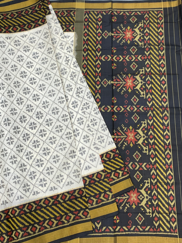 Rajkot Patola Silk Saree in Ivory and Charcoal Black