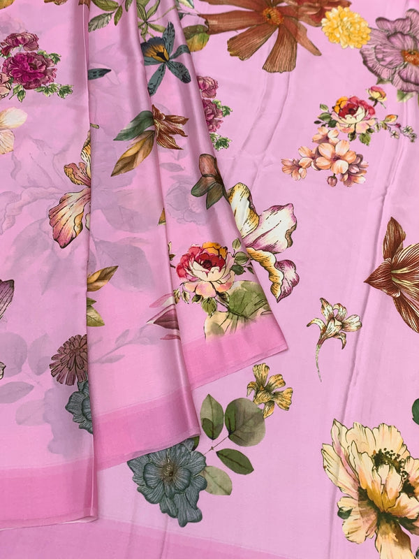 Satin Floral Printed Saree Light-Pink In Color