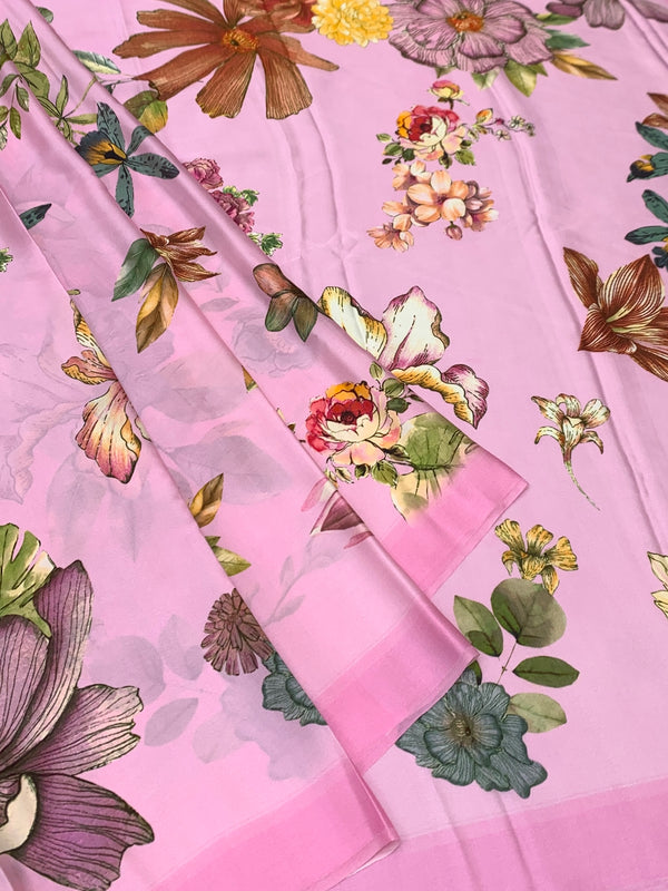 Satin Floral Printed Saree Light-Pink In Color