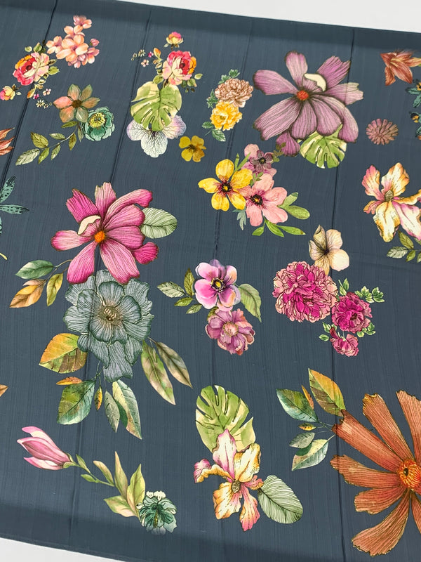 Satin Floral Printed Saree Elephant-Gery In Color