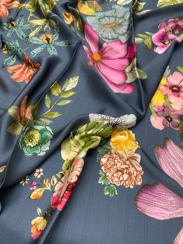 Satin Floral Printed Saree Elephant-Gery In Color