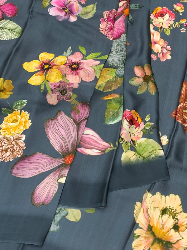 Satin Floral Printed Saree Elephant-Gery In Color
