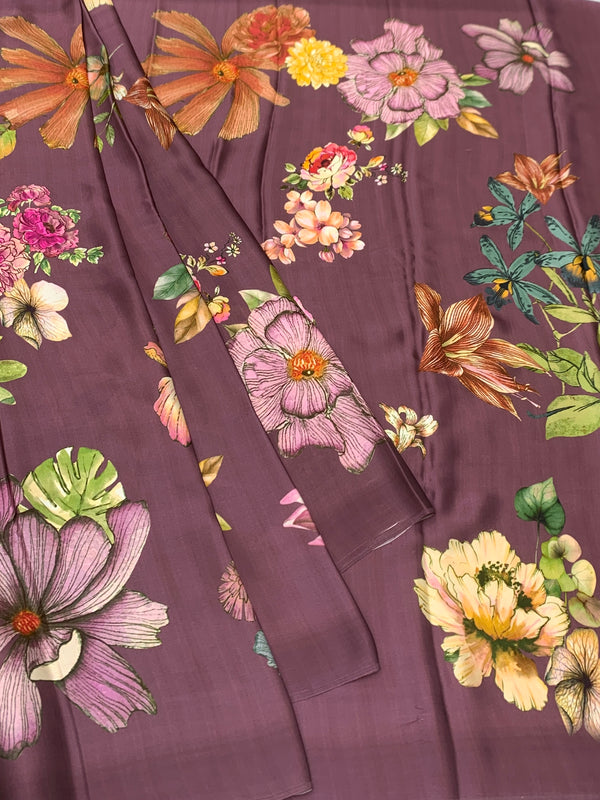 Satin Floral Printed Saree Shiny Mauve In Color