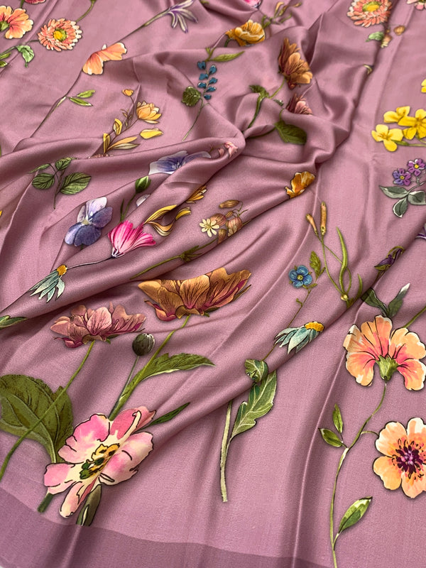 Satin Floral Printed Saree lilac In Color