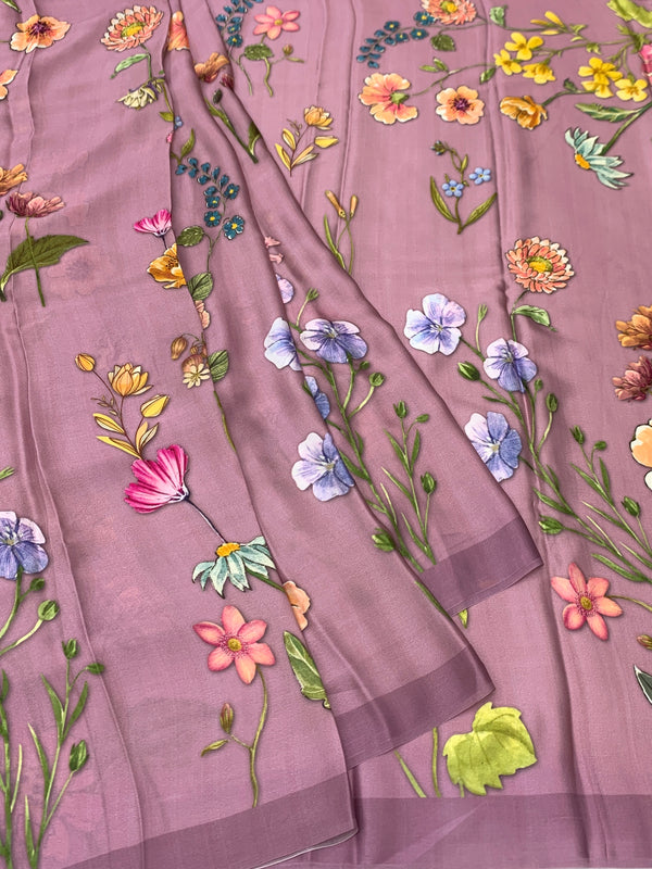 Satin Floral Printed Saree lilac In Color