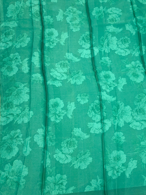 Satin Floral Printed Saree Green In Color