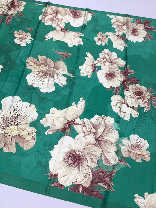 Satin Floral Printed Saree Green In Color