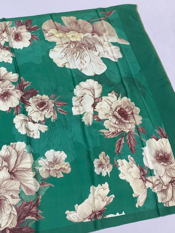 Satin Floral Printed Saree Green In Color