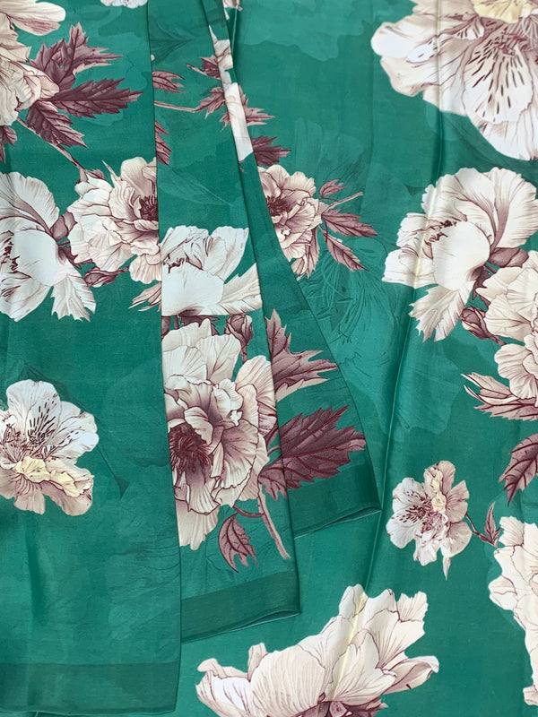 Satin Floral Printed Saree Green In Color
