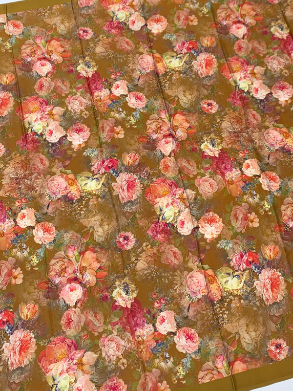 Satin Floral Printed Saree Mustard-Brown In Color