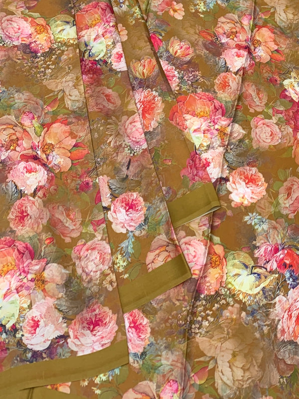 Satin Floral Printed Saree Mustard-Brown In Color