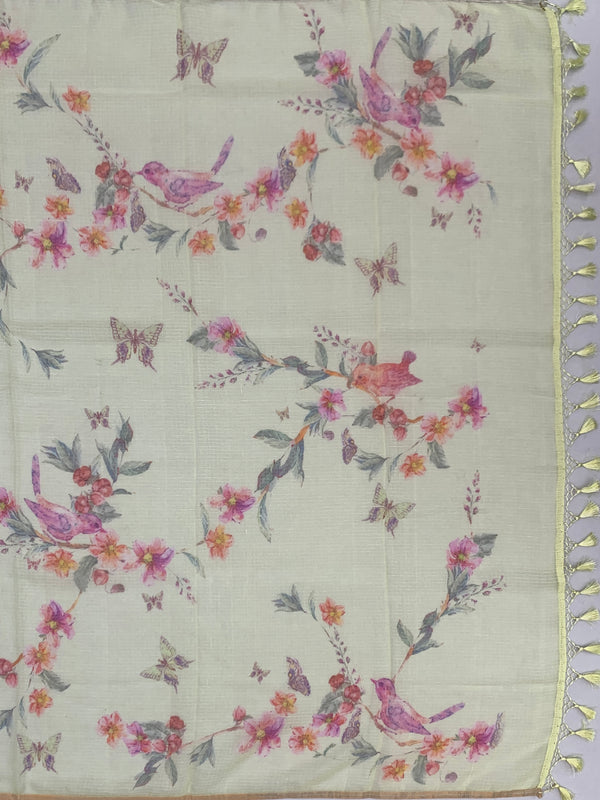 Floral Meadow: Printed Kota Doria Cotton Saree