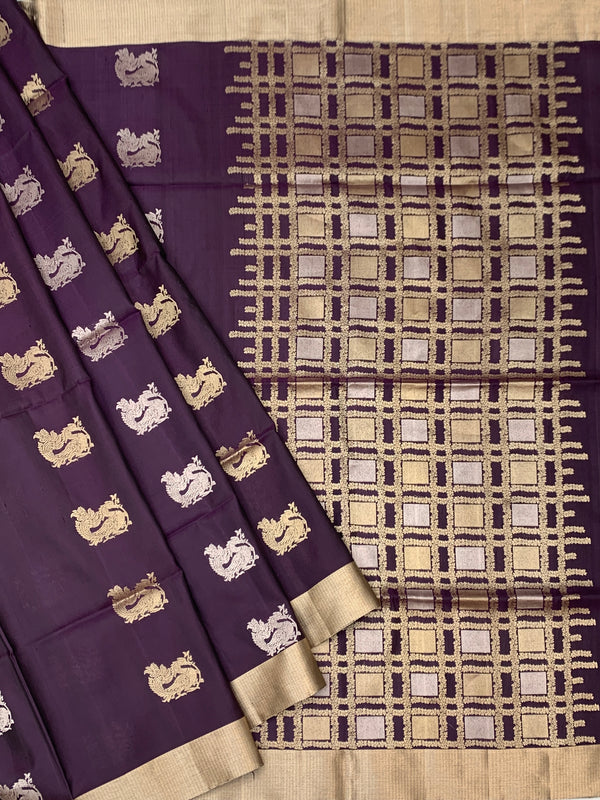 Royal Plum Handwoven Soft Silk Saree with Mythical Motif