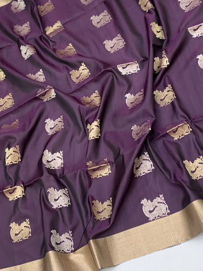 Royal Plum Handwoven Soft Silk Saree with Mythical Motif