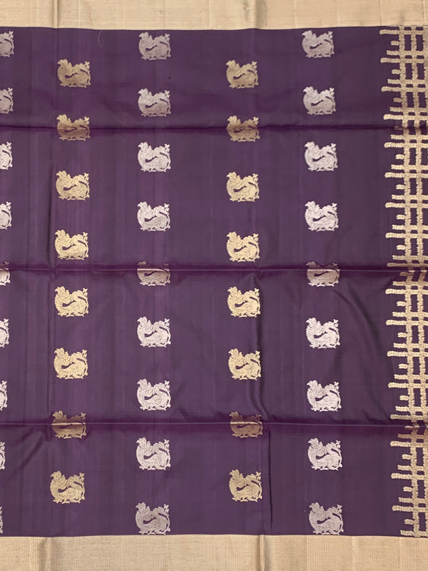 Royal Plum Handwoven Soft Silk Saree with Mythical Motif