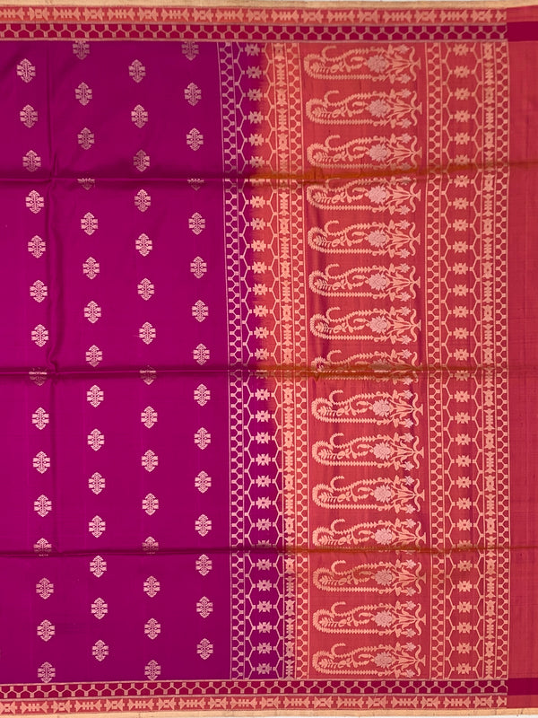 The Vibrant Plum & Coral Paisley Soft Silk Saree
