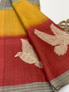 Tussar Saree with Artistic Bird Print - Maroon & Mustard