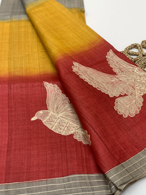 Tussar Saree with Artistic Bird Print - Maroon & Mustard