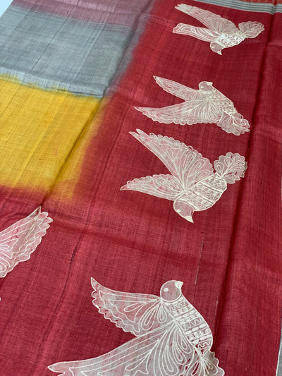 Tussar Saree with Artistic Bird Print - Maroon & Mustard