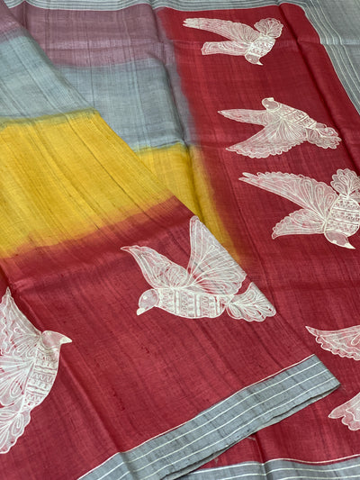 Tussar Saree with Artistic Bird Print - Maroon & Mustard
